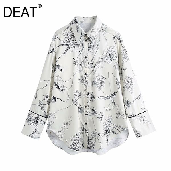 

[deat] spring autumn fashion turn-down collar printing single-breasted long sleeve elegant women's shirt 13w800 210527, White
