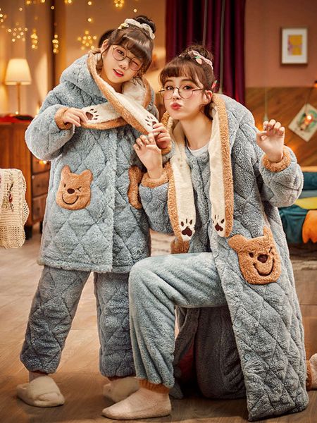 

parent child pajamas mother daughter girl's three layer cotton children's thickened coral velvet autumn and winter flannel housewe, Blue;red