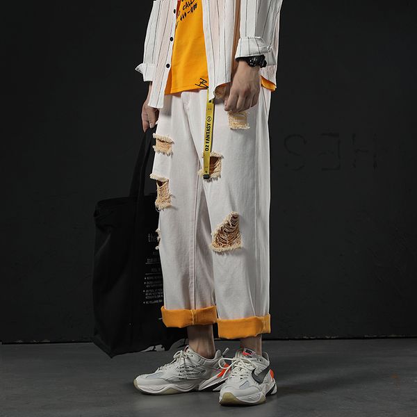 

2021 new summer men's holes wash cowboy straight casual pants baggy jeans mens biker denim blue/white/green trousers -2xl zwrw