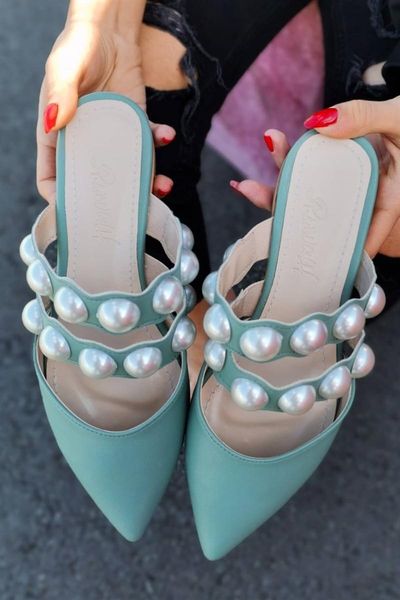 

slippers tati leather with pearl banded pointed open back mint green, Black