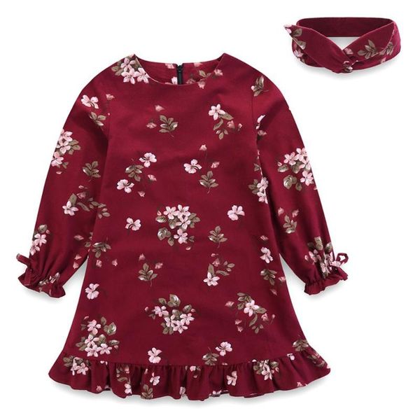 

girl's dresses girls autumn dress,floral printed petal long sleeve ruffle bottom with headband dress 2 piece set, Red;yellow