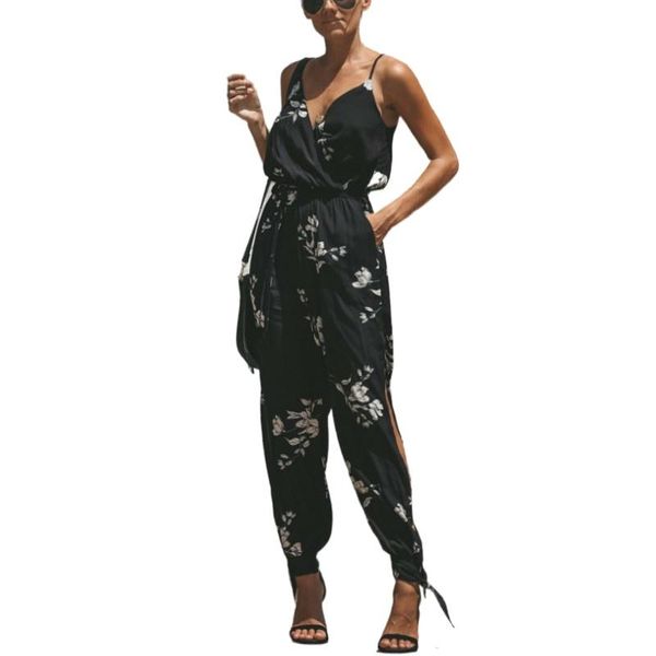 

summer women holiday casual sleeveless jumpsuits fashion ladies boho floral bodysuit wide leg looseplus size bodysuit, Black;white