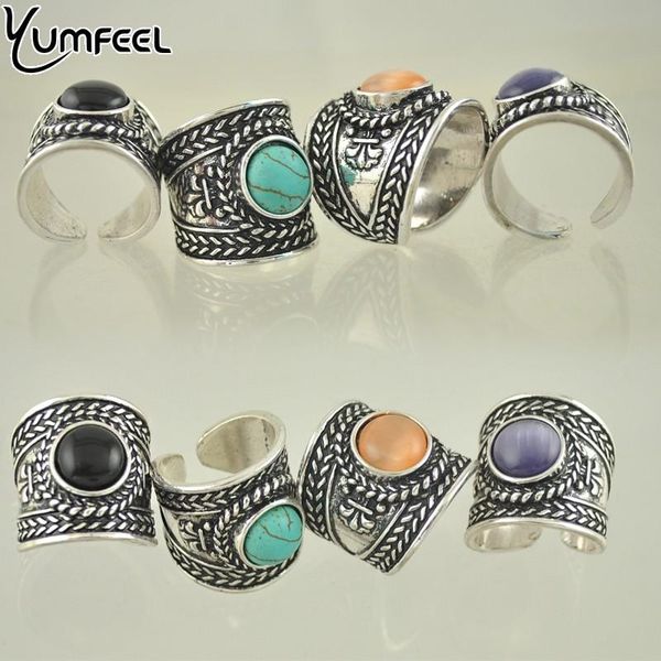 

cluster rings yumfeel vintage boho jewelry metal with antique silver plated cuff cat's eye stone, Golden;silver