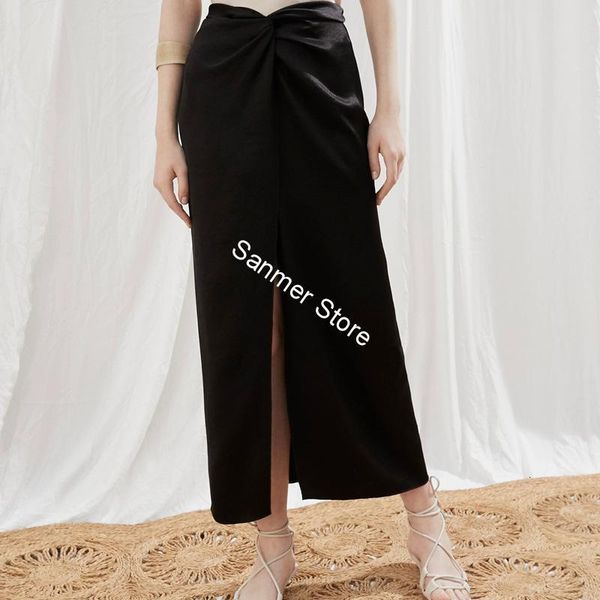 

2021 new longas femininas frente diviso atada reto slido trs cores simples vero novas senhoras midi saias ermp, Black