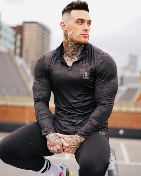 

2021 new fashion of fitness long male fall thin winter fit t-shirt man with zipper-neck shirt bodybuilding gym 7789, White;black