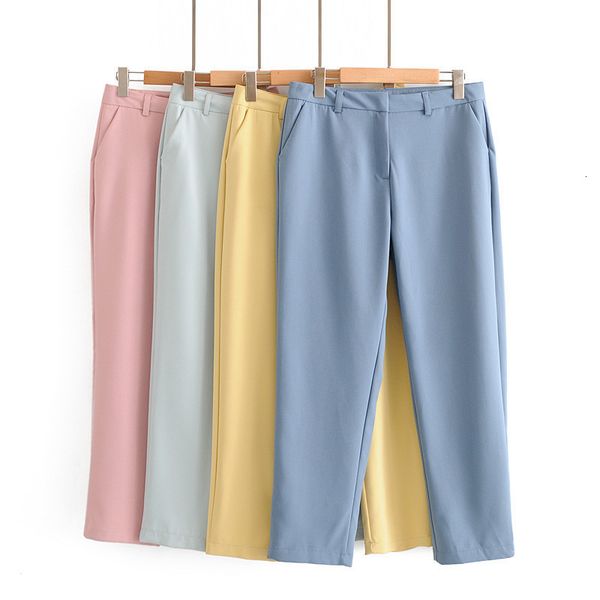 

2021 new women chic office wear candy color zipper fly female ankle-length trousers ladies work pants pantalones s7x7, Black;white