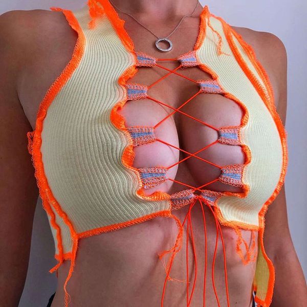 

wind 2020ins new autumn and winter women's hollow strap navel slim vest, White