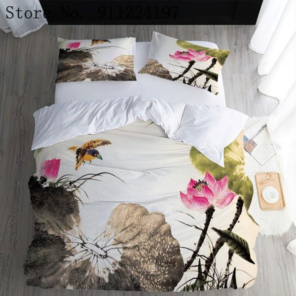 

bedding sets landscape painting duvet cover comforter set luxury lotus bird quilt single double soft bed decor 229*229/200*200