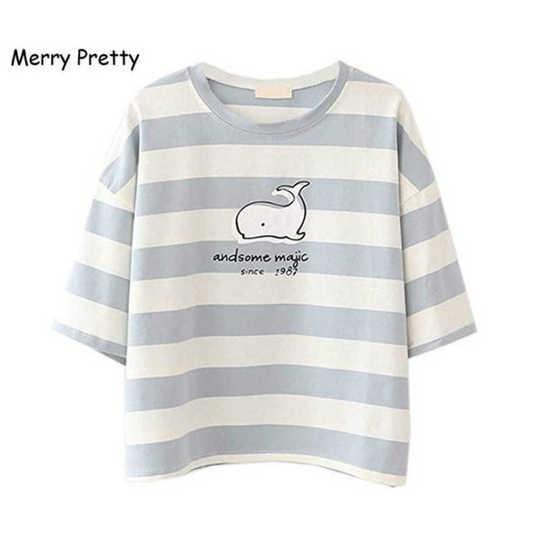 

merry pretty summer women t-shirt stripe print cartoon round neck short sleeve shirt female sweet cotton crop 210526, White