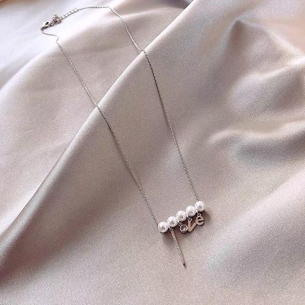 

chains japanese and korean simple girl heart love temperament pearl pendant necklace ins zircon collarbone chain choker, Silver