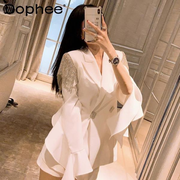 

women's suits & blazers graceful fashionable tassel drill buckle white small suit coat jacket summer thin loose casual shorts two-piece, White;black