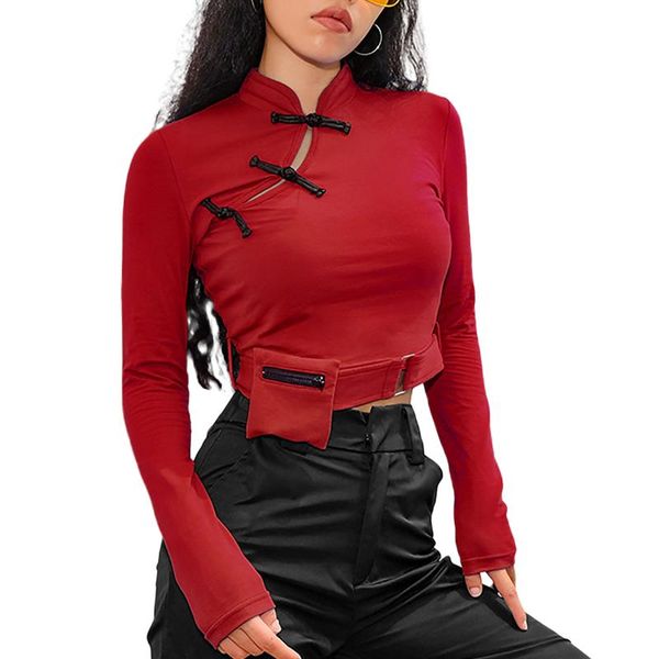 

women's t-shirt women with waist bag long sleeve cheongsam buckle stand collar crop chinese style retro blue red, White