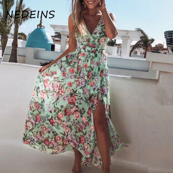 

nedeins summer women print v neck split maxi dress floral spaghetti strap party chiffon elegant casual dresses beach 210303, Black;gray
