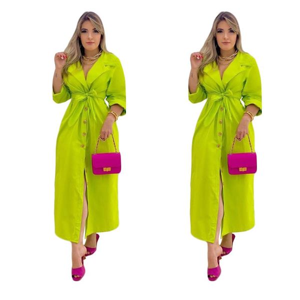 

casual dresses 2021 european and american autumn winter women's clothing long-sleeved solid color suit collar dress with belt, Black;gray