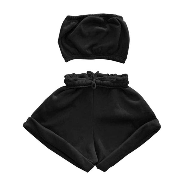 

women's shorts 67jf women summer 2 pieces romper outfits strapless bandeau tube crop drawstring waist matching set solid color, White;black