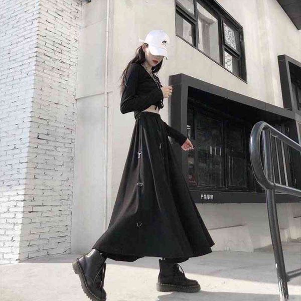 

women high waist harajuku gothic midi long punk streetwear ring ribbon loose skirt korean tracksuit black vintage h