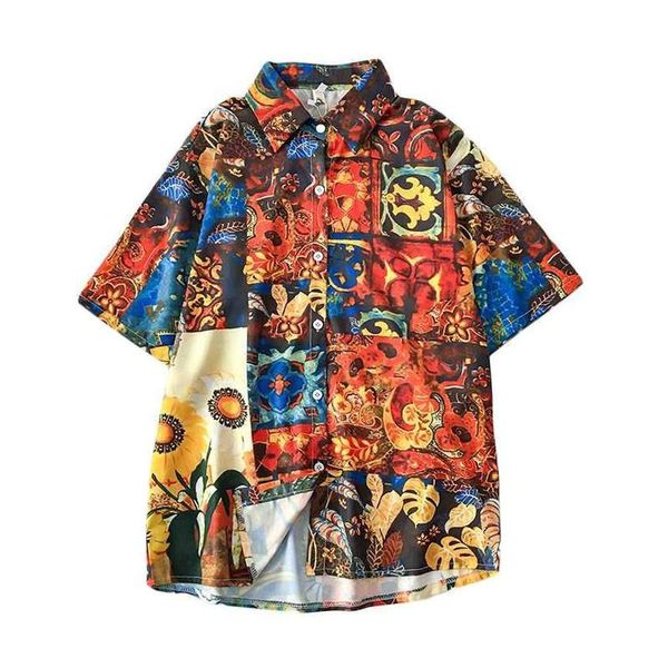 

design sense oil painting printed shirt female retro short sleeve french shirt foreign style female clothes, White