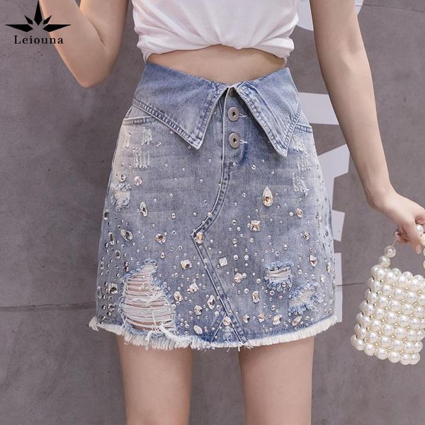 

skirts leiouna blue sequined hole irregular turndown collar crystal 2021 slim female summer mini women a-line jeans denim skirt, Black