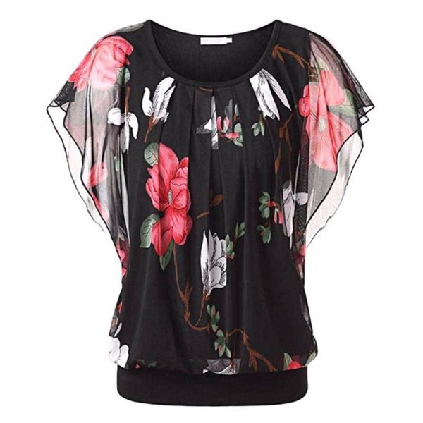 

women's blouses & shirts flower print elegant women blouse short flying sleeve simple o neck mesh loose office ladies party, White