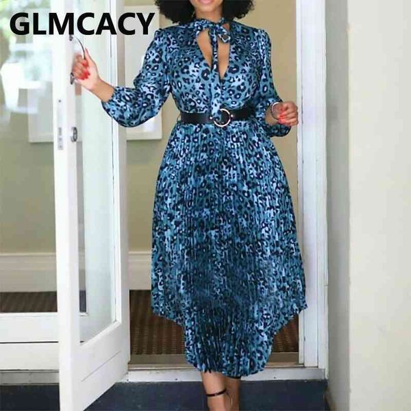 

long sleeve leopard pleated midi dress elegant office ladies classy dress 210702, Black;gray