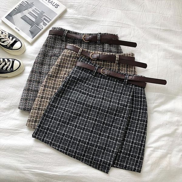 

autumn winter high waist wool womens skirt plaid irregular splicing mini female vintage short with shorts, Black