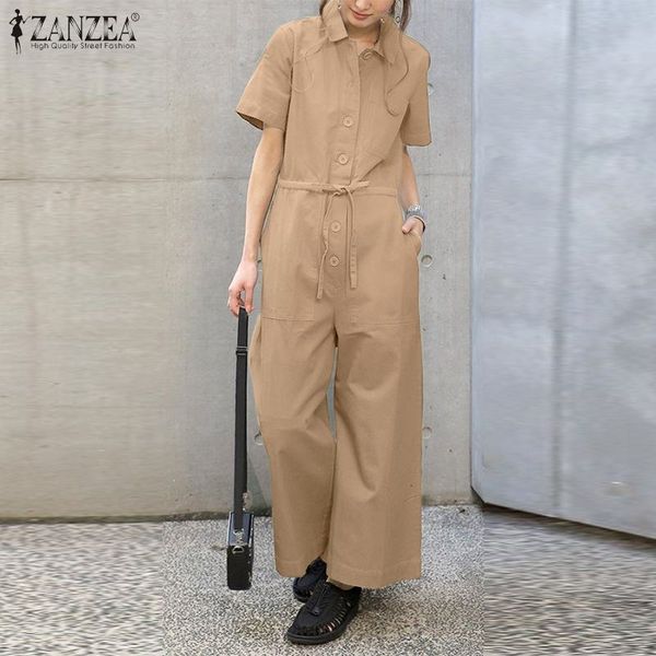 

new fashion women lapel neck pockets cargo rompers summer jumpsuits zanzea 2021 casual short sleeve solid loose overalls suspenders x1ei, Black;white