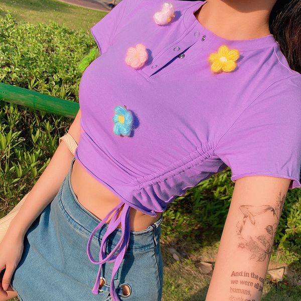 

purple o neck short sleeve t shirt slim applique floral cropped summer women casual sweet t shirt drawstring tshirt, White