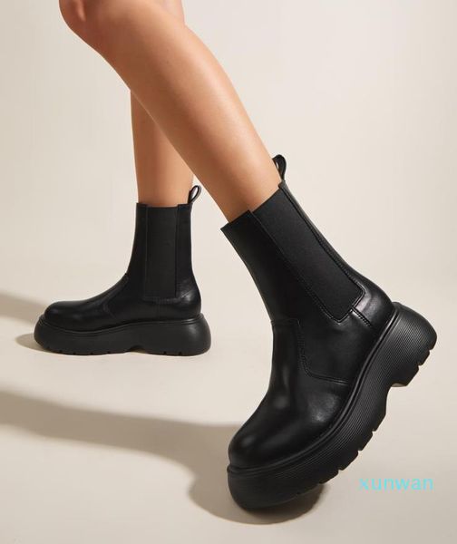 

boots termainoov women winter boot fashion ankle round toe stretch platform short female walk, Black