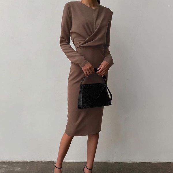 

elegant womens dress round neck long sleeve draped knee-length straight dresses 2021 autumn solid casual office lady, Black;gray