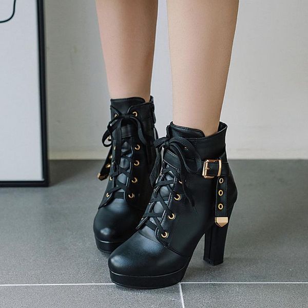 

boots sagace women shoes fashion super high heel lace up ankle ladies buckle platform leather bota feminina, Black