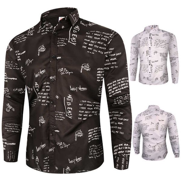 

men's casual shirts trendy handwriting letter printed shirt men long sleeve mens regular fit all season streetwear 7fgb, White;black