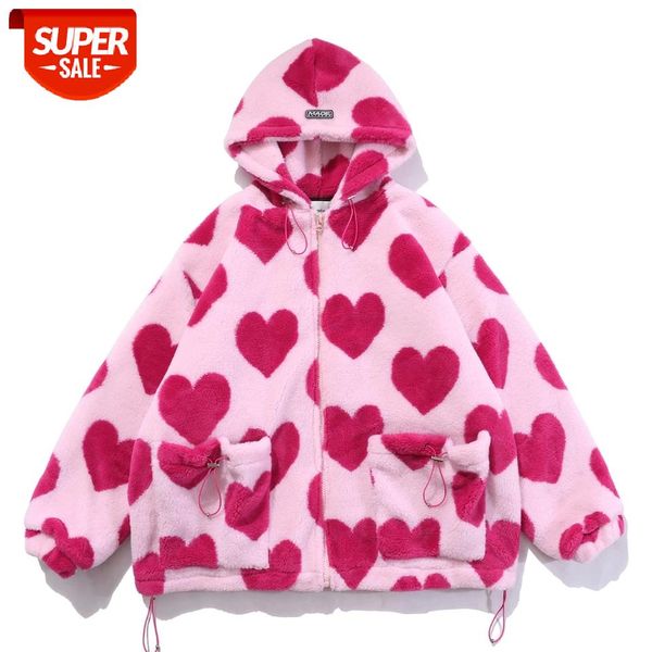 

2021 valentine's day sherpa coat love heart print jacket hip hop thick parka lambswool men women winter streetwear furry outwear #mr34, Black