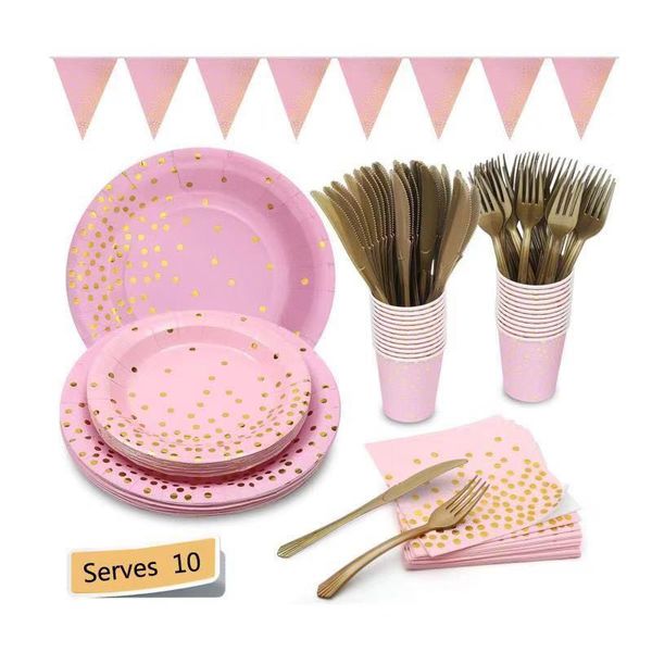 

gift wrap gold dot pink cutlery set meal paper cup plate towel knife fork spoon one line party decoration