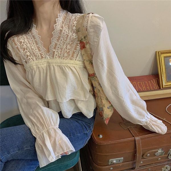 

women's blouses & shirts women summer fashion sweet lace stitching short shirt retro french girl vintage v neck flare sleeve blouse loo, White