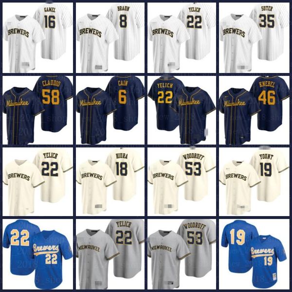 

milwaukee brewers jerseys 22 christian yelich 19 robin yount lorenzo cain keston hiura brandon woodruff luis urias kolten wong custom, Blue;black