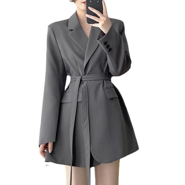 

women's suits & blazers women gray belted casual long womens elegant lapel sleeve loose fit jackets fashion tide spring autumn 2021 bla, White;black