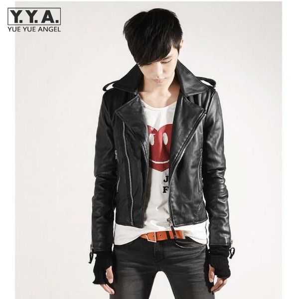 

men's fur & faux men outerwear short coat rider korea stylish leather jacket cool biker slim zipper mens turn down collar pu jackets, Black