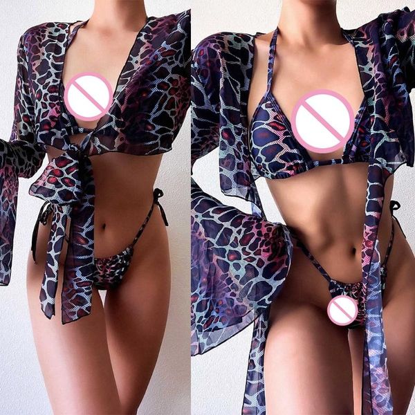 

leopard 3pcs swimsuit set women halter bikini with long sleeve cover up e56d