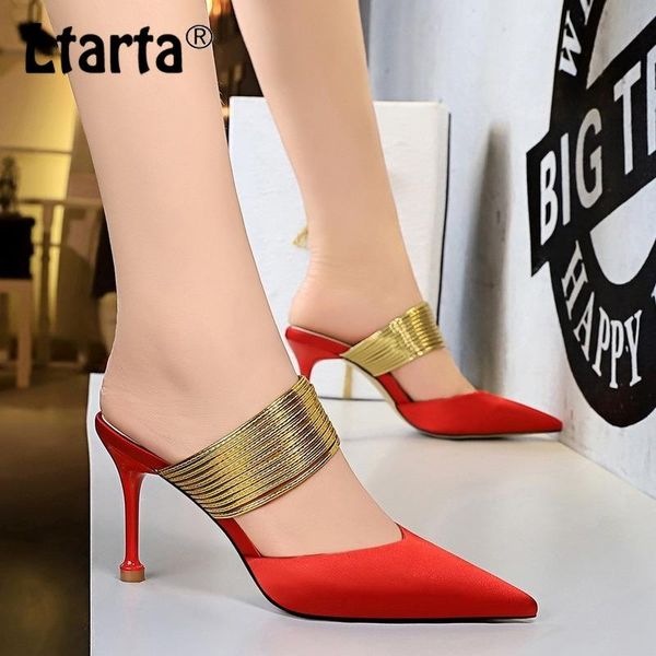 

slippers ltarta 8.5cm 2021 summer fashion baotou stiletto high-heeled shallow mouth pointed satin cutout women's sandals ds, Black