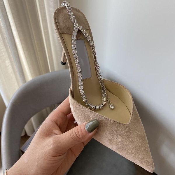 

sandals 2021 autumn pointy shallow high heel crystal chain shoes, Black