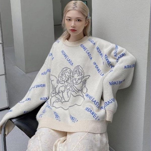 

women's sweaters 2021 women autumn and winter style angel letter printing loose round collar long sleeve knitting jumper female, White;black