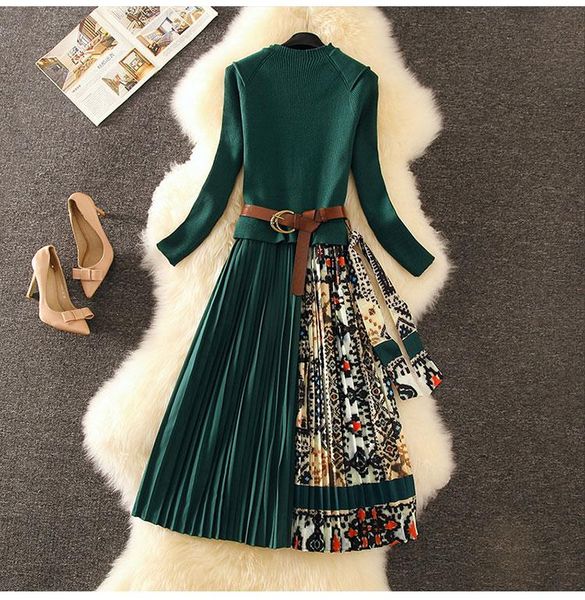 

casual dresses knitted patchwork printed long sleeve fashion o-neck high waist ruched dress women slim autumn winter street, Black;gray