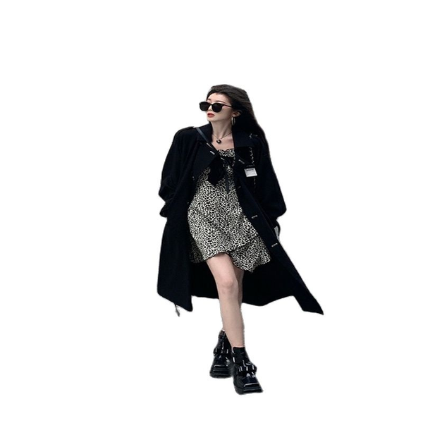 

women's trench coats asakawa jiuyi black windbreaker autumn 2021 double-breasted square collar coat small mid-length top, Tan;black