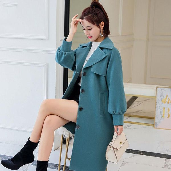 

women's wool & blends women solid color woolen coat female autumn winter jacket ladies korean version overcoat femme mid-length jackets, Black
