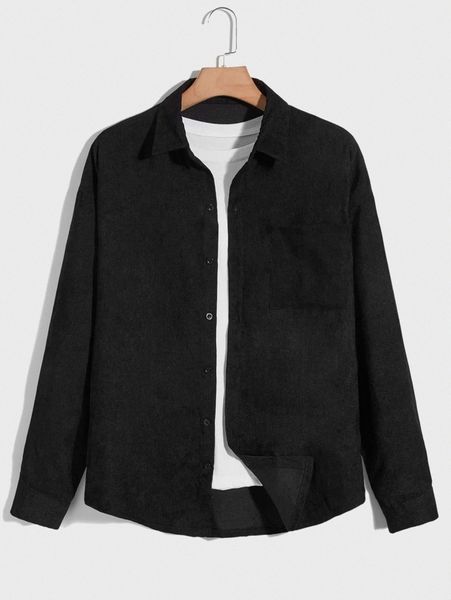 

romwe guys solid corduroy button front pocket shirt q70a#, White;black