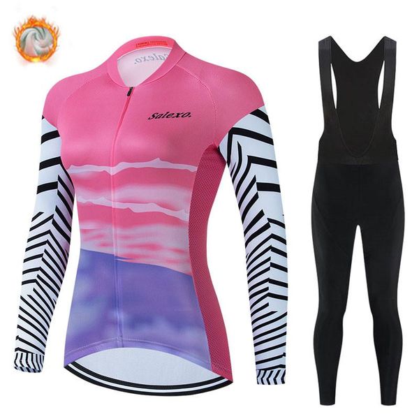 

racing sets 2021 women winter thermal fleece cycling jersey set mountian bicycle clothes wear ropa ciclismo bike clothing, Black;blue