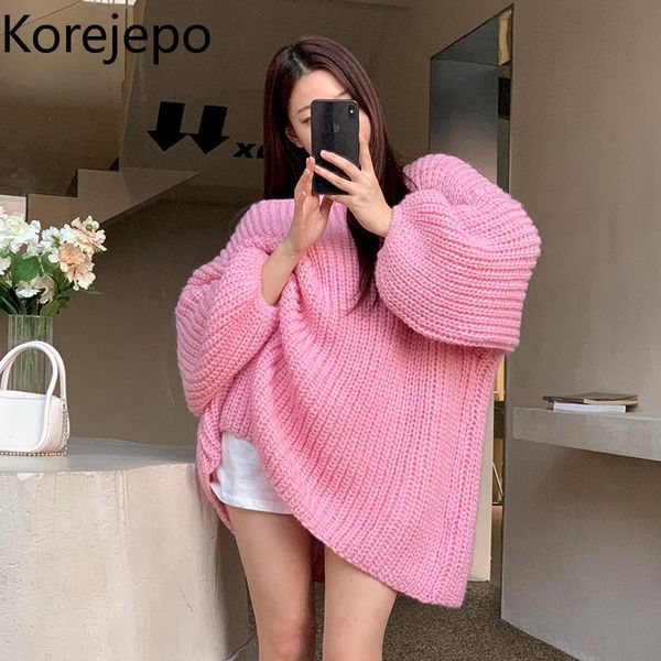 

women's sweaters korejepo women loose pullover sweater 2021 autumn winter korean chic retro solid o-neck long sleeve thick wool knitted, White;black