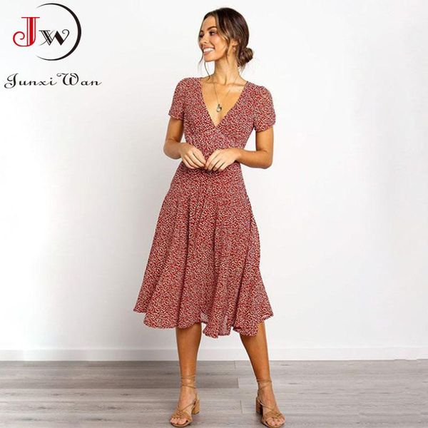 

party dresses women summer boho beach dress casual elegant short sleeve v neck high waist floral print midi sundress plus size 3xl, White;black