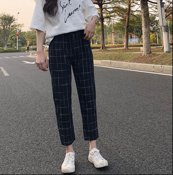 

new womens korean version of the wild style wide loose lattice student harlan cropped pants drop shipping, Black;white
