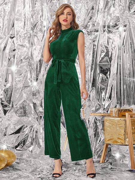 

solid belted mock neck sleeveless velvet jumpsuit u7yz#, White